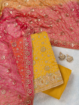 Koskii - Mustard Georgette Unstitched Top & Bottom with Dupatta