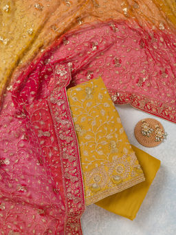 Koskii - Mustard Zariwork Georgette Unstitched Top & Bottom with Dupatta