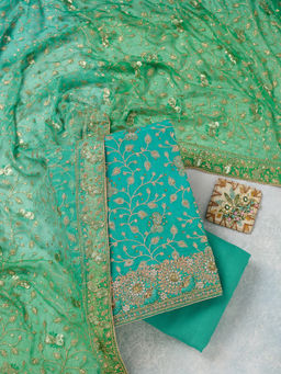 Koskii - Sea Blue Zariwork Georgette Unstitched Top & Bottom with Dupatta