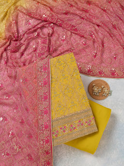 Koskii - Mustard Zariwork Georgette Unstitched Top & Bottom with Dupatta