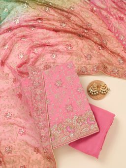 Koskii - Pink Georgette Unstitched Top & Bottom with Dupatta