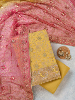 Koskii - Yellow Georgette Unstitched Top & Bottom with Dupatta