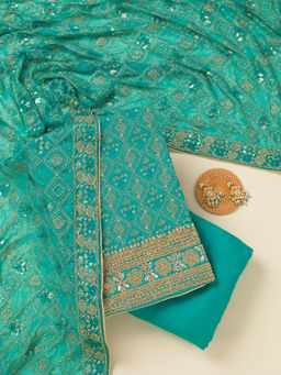 Koskii - Turquoise Blue Georgette Unstitched Top & Bottom with Dupatta
