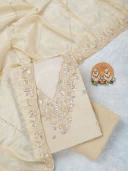 Koskii - Cream Aariwork Semi Crepe Unstitched Top & Bottom with Dupatta