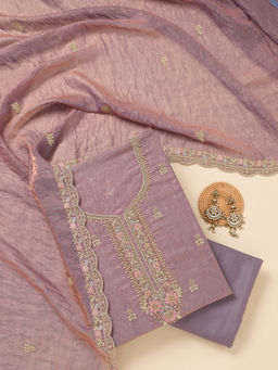 Koskii - Lavender Aariwork Tissue Unstitched Top & Bottom with Dupatta