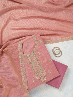 Koskii - Onion Pink Aariwork Tissue Unstitched Top & Bottom with Dupatta
