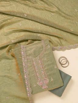 Koskii - Pista Green Aariwork Tissue Unstitched Top & Bottom with Dupatta