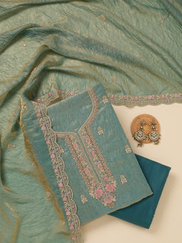 Koskii - Sea Blue Aariwork Tissue Unstitched Top & Bottom with Dupatta