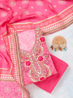 Koskii - Rani Pink Semi Crepe Unstitched Top & Bottom with Dupatta