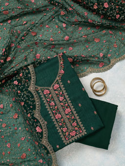 Koskii - Bottle Green Tissue Unstitched Top & Bottom with Dupatta