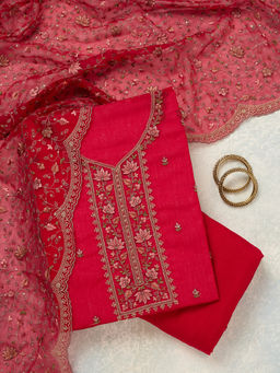 Koskii - Rani Pink Tissue Unstitched Top & Bottom with Dupatta