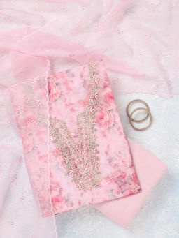Koskii - Baby Pink Aariwork Tissue Unstitched Top & Bottom with Dupatta