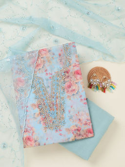 Koskii - Sky Blue Aariwork Tissue Unstitched Top & Bottom with Dupatta