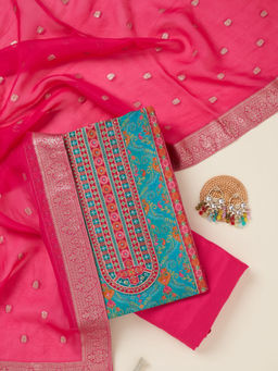 Koskii - Rama Green Dola Silk Unstitched Top & Bottom with Dupatta