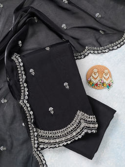 Koskii - Black Cutdana Tissue Unstitched Top & Bottom with Dupatta