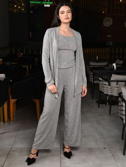 Odette - Grey Cotton Jersey Solid Shrug with Top with Pant and Shrug (Set of 3)