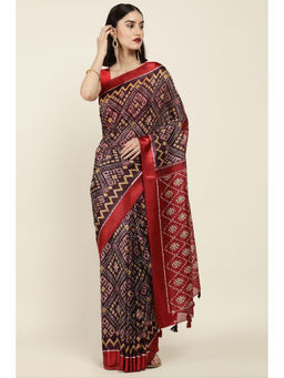 Soch - Maroon Jute Silk Printed Saree with Unstitched