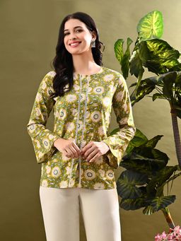 MYSHKA - Green Flower Printed Tunic with Lace