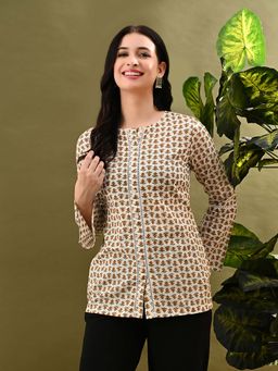 MYSHKA - Cream Small Flower Printed Tunic with Lace