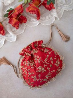 AMYRA - Red Embroidered Pearl Potli Bag