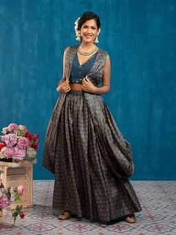 Gajra Gang - Tulip Garden Teal Crop Top printed Skirt & Cowl Jacket GGLEH45 (Set of 3)