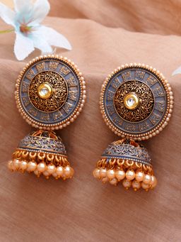 Karatcart - Gold Plated Antique Floral Design Grey Jhumki Earrings for Women