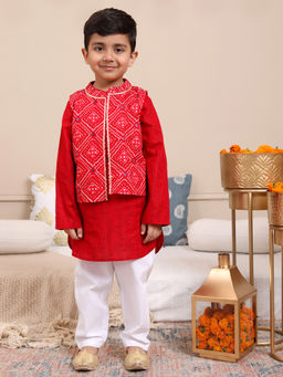 Budding Bees - Boys Red Cotton Foil Printed Kurta Pyjama with Jacket (Set of 3)