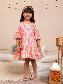 Budding Bees - Girls Multicolor Cotton Foil Dress with Hairband (Set of 2)