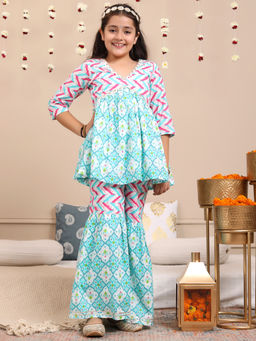 Budding Bees - Girls Blue Cotton Printed Top Sharara with Scrunchies (Set of 3)