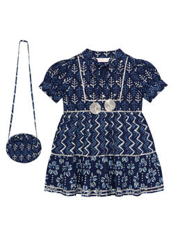 Budding Bees - Girls Blue Cotton Printed Sequin Work Dress with Bag (Set of 2)
