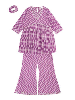 Budding Bees - Girls Purple Cotton Printed Top Palazzo with Scrunchies (Set of 3)