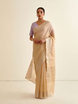 Abhishti - Buttermilk Banarasi Woven Sari and Silver Zari Border with Unstitched Blouse