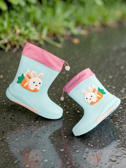 Truffle Collection - Unisex Sky Blue Rubber Bunny Applique Detailed Lace-Up Rain Boots