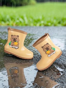Truffle Collection - Unisex Beige Rubber Bear Applique Detailed Slip-On Rain Boots