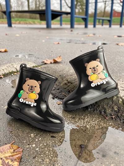 Unisex Black Rubber Bear Applique Detailed Slip-On Rain Boots