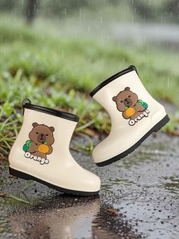 Truffle Collection - Unisex White Rubber Bear Applique Detailed Slip-On Rain Boots