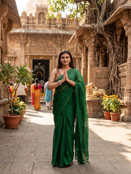 AAKAR - Mehndi Noor Bottle Green Tissue Saree with Unstitched Blouse