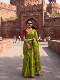 AAKAR - Virana Mehndi Glow Green Handloom Tissue Saree with Unstitched Blouse