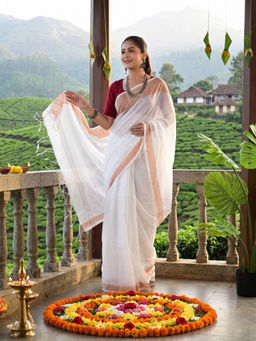 AAKAR - Onam Moon Mist White Handloom Linen Saree with Unstitched Blouse