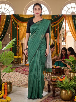 AAKAR - Mehndi Mint Whisper Turquoise Green Handloom Linen Saree with Unstitched Blouse