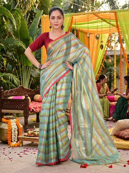 AAKAR - Mehndi Rangrez Green Multi-Color Tissue Saree with Unstitched Blouse