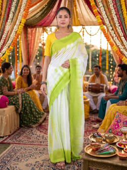 AAKAR - Mehndi Neerja Lime Green Mul Cotton Saree with Unstitched Blouse