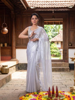 AAKAR - Onam Chandrika Silver Handloom Tissue Saree with Unstitched Blouse