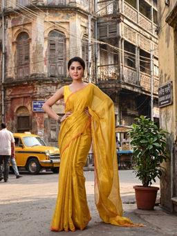 AAKAR - Haldi Kiran Yellow Handloom Tissue Saree with Unstitched Blouse