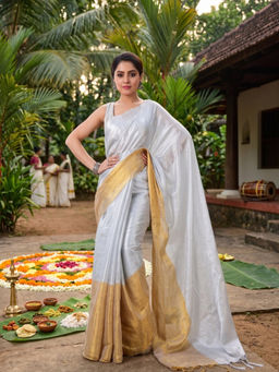 AAKAR - Onam Kanikonna Multicolor Handloom Tissue Saree with Unstitched Blouse