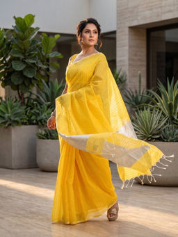 AAKAR - Haldi Apsara Yellow Handloom Linen Saree with Unstitched Blouse