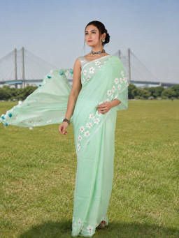 AAKAR - Pista Breeze Green Cotton Handcrafted Floral Art Saree with Unstitched Blouse