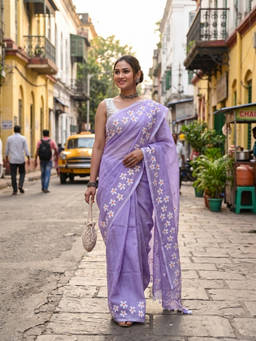 AAKAR - Lavender Mist Cotton Delicate Handcrafted Floral Art Saree with Unstitched Blouse