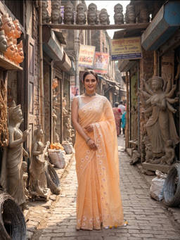 AAKAR - Peach Blossom Cotton Delicate Handcrafted Floral Art Saree with Unstitched Blouse
