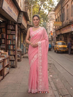 AAKAR - Candy Bloom Pink Cotton Handloom Handcrafted Floral Art Saree with Unstitched Blouse